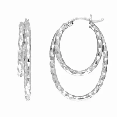 Diamond Cut Oval Double Hoop Earrings in Sterling Silver