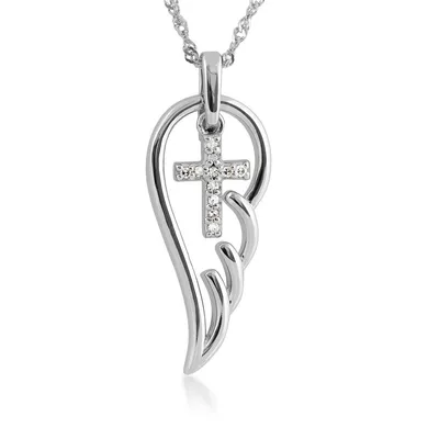 Diamond Cross Angel Wing Pendant in Sterling Silver - FN30108DIA-SS