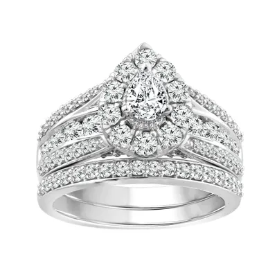 Natural 1-1/2 ct. tw. Pear Diamond Halo Multi Row Wedding Set 10K White Gold