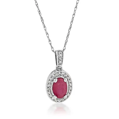 Genuine Oval Ruby Pendant with .08 ct. tw. Diamond Halo & Bail with Milgrain Edging in 10K White Gold - CPF00241OWRU