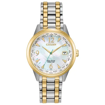 Citizen Ladies' World Time Analog Two Tone Stainless Steel Watch with Mother of Pearl Dial - FC8004-54D