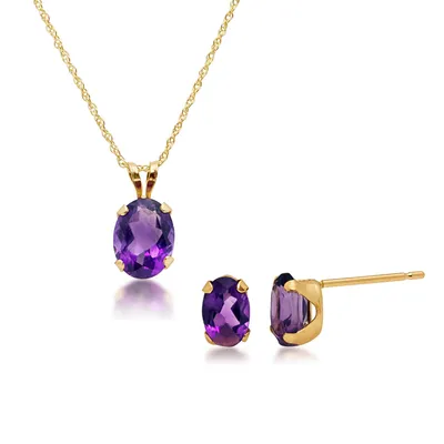 Oval Amethyst Pendant and Earring Set in 10K Yellow Gold