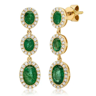 Oval Emerald and 1/3 ct. tw. Diamond Halo 3-Stone Drop Earrings in 14K Yellow Gold - LE-8583E