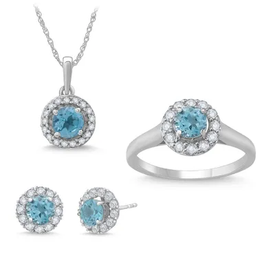 Swiss Blue Topaz & Created White Sapphire Pendant, Earrings, Ring Box Set Sterling Silver