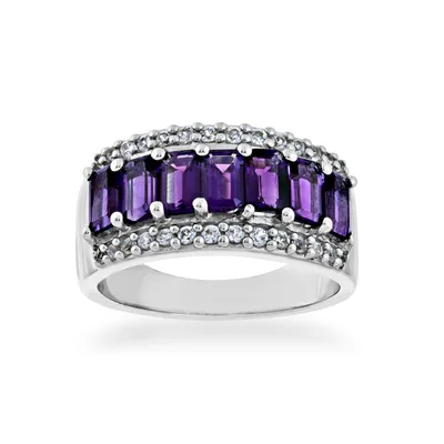 Emerald Cut Amethyst and Lab Created White Sapphire Fashion Band Sterling Silver