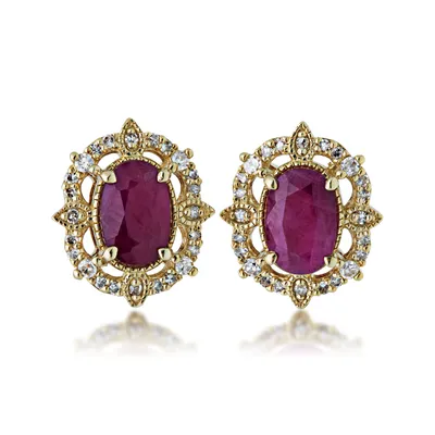 Genuine Oval Ruby Earrings with 1/6 ct. tw. Diamond Pave Halo in 10K Yellow Gold - RBX705353FRBD@