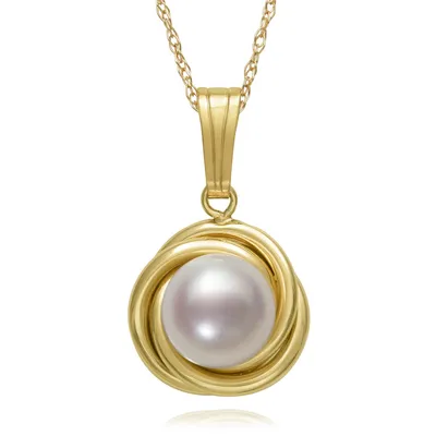 White Freshwater Button Pearl Knot Pendant in 14K Yellow Gold