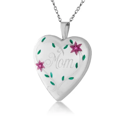 Ladies' 'Mom' Heart Shaped Locket Pendant with Flower & Leaf Etching in Sterling Silver - 10426CSS