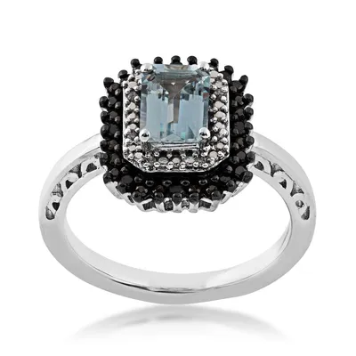 Created Emerald Cut Aquamarine and Treated Black Diamond Halo Ring Sterling Silver - ZR1348SCLC00-11