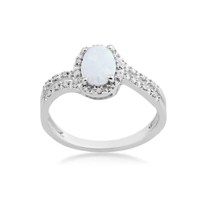 Created Oval Opal & Diamond Halo Split Shank Ring 10K Gold