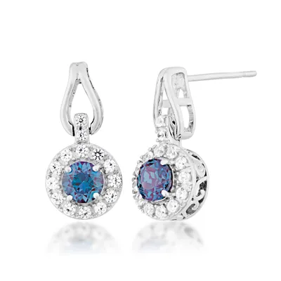 Created Round Alexandrite & White Sapphire Halo Drop Earrings in Sterling Silver