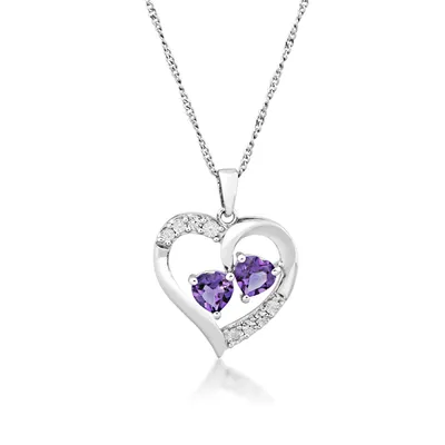 Genuine Double Heart Shaped Amethyst & Round Diamond Heart Pendant with Miracle Plating in Sterling Silver - PH433063SSAM