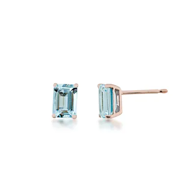 Emerald Cut Aquamarine Stud Earrings in 10K Pink Gold