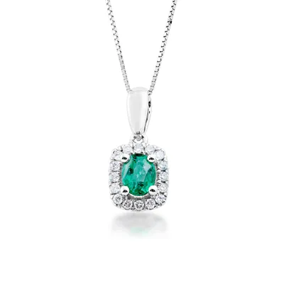 Emerald and 1/10 ct. tw. Diamond Halo Pendant in 10K White Gold