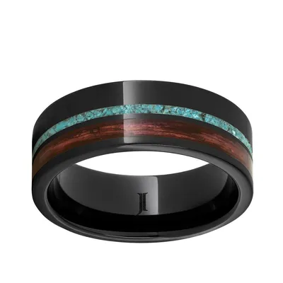 Men's 8mm Black Ceramic Band with Turquoise and Cabernet Barrel Inlay - RMCA006584