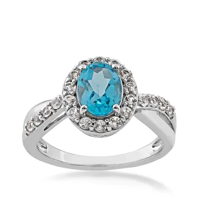 Oval Swiss Blue Topaz and Created White Sapphire Halo Ring Sterling Silver - ZR7012SB00388