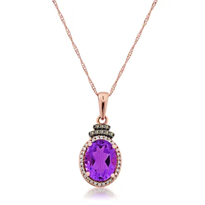 Impulse Collection Gneuine Oval Amethyst Fashion Pendant with 1/8 ct. tw. Mocha & White Diamond Accents in 10K Pink Gold - 484789CH 