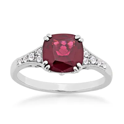 Cushion Cut Genuine Brazilian Garnet Ring with White Sapphire Accents Sterling Silver - R214526SSH926