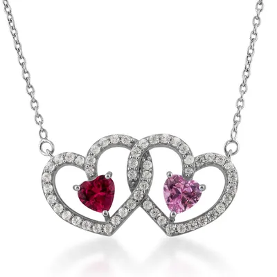 Heart Shaped Created Ruby Pink Sapphire and White Sapphire Double Heart Pendant in Sterling Silver - ZN8180SC55801