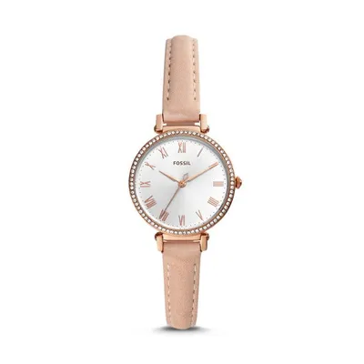 Fossil Ladies' Kinsey White Dial Analog Watch with Beige Leather Strap in Rose-Gold Tone Stainless Steel - ES4445