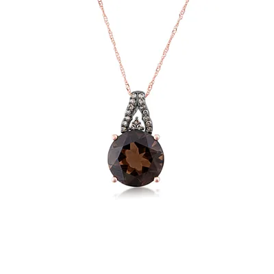 Impulse Collection Genuine Round Smokey Quartz Necklace with .08ct. tw. Mocha Diamonds in 10K Pink Gold - 484791CH PF 0QS