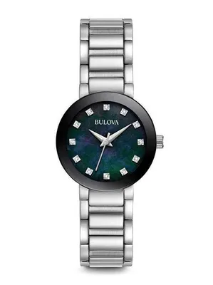 Bulova Modern Collection Ladies' Black Mother-of-Pearl Watch with 12 Diamond Dial Accent in Stainless Steel - 96P172