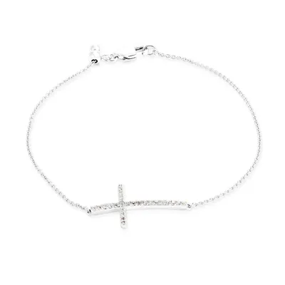 Created White Sapphire Sideways Cross Bolo Bracelet in Sterling Silver - BF474902CRWSA