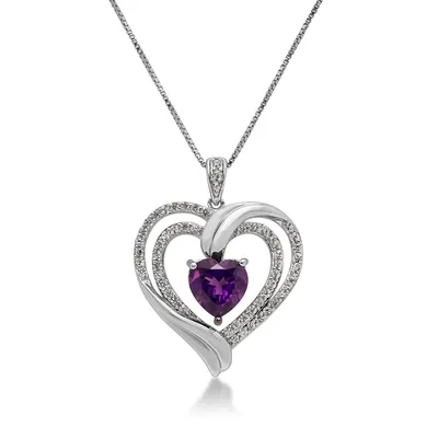 Heart-Shaped Amethyst and Created White Sapphire Double-Heart Pendant in Sterling Silver 