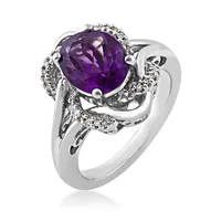 Oval Amethyst and Created White Sapphire Swirl Halo Ring Sterling Silver - ZR0823SB00-1