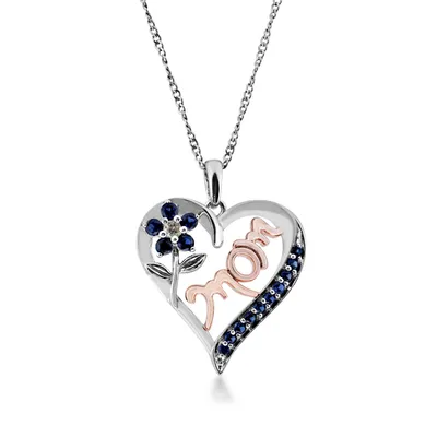 Created Blue Sapphire Mom Heart Pendant with Flower in Sterling Silver - PH475474CRBLSA