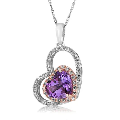 Genuine Heart Shaped Amethyst Pendant with White Topaz Halo in Two-Tone Sterling Silver - P242990SSCO12