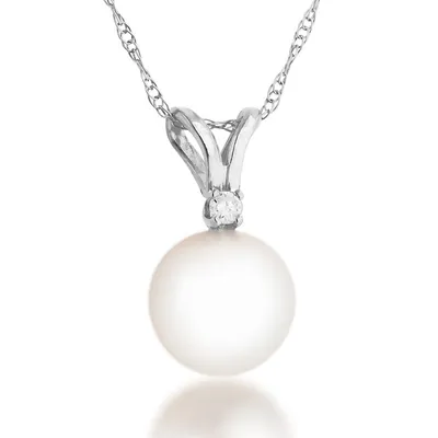 Round Freshwater Pearl & Diamond Accent Pendant in 10K White Gold