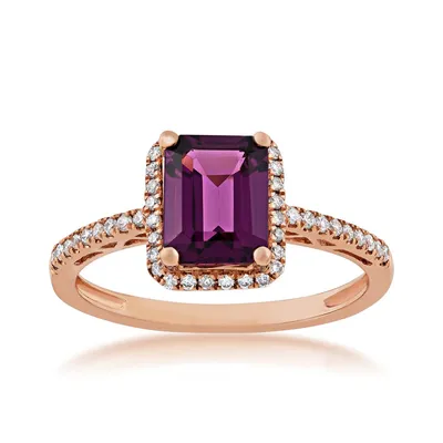 Emerald Cut Rhodolite Garnet and 1/5 ct. tw. Diamond Halo Ring 10K Pink Gold - GJ16232-10R-RHO