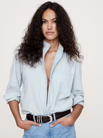 The Oversized Banded-Collar Denim Shirt