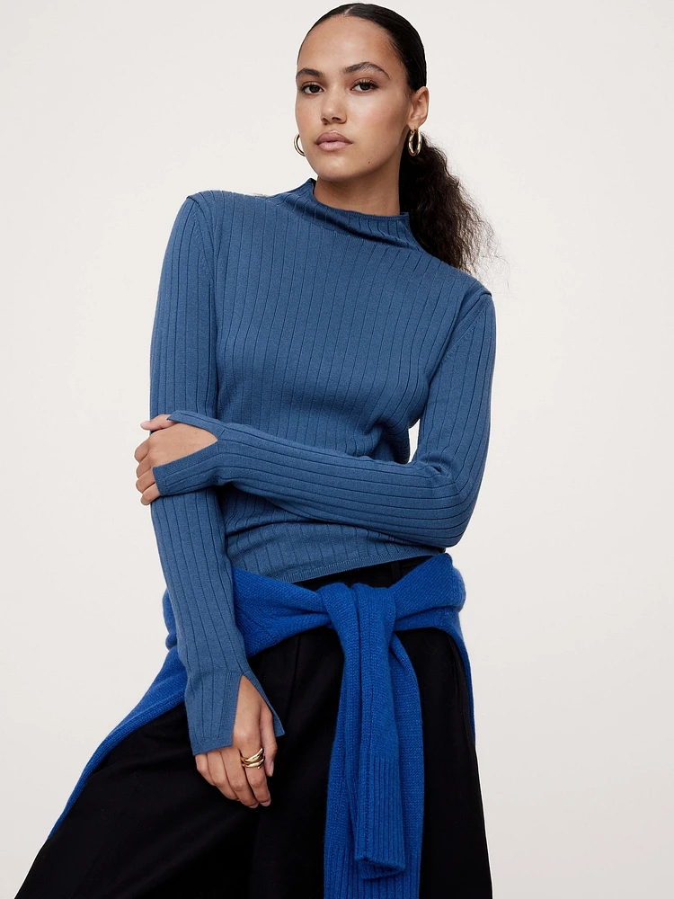 Ribbed Merino Mock-Neck Sweater