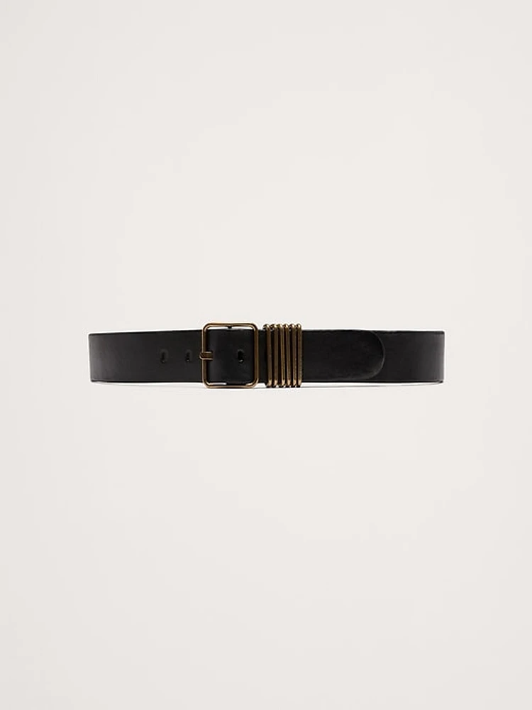 Leather Square-Buckle Waist Belt With 6 Bars