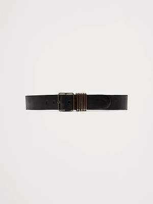 Leather Square-Buckle Waist Belt With 6 Bars