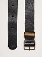 Leather Square-Buckle Waist Belt With 6 Bars