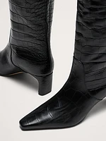 Italian Embossed Leather Mid-Heel Boot