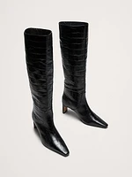 Italian Embossed Leather Mid-Heel Boot