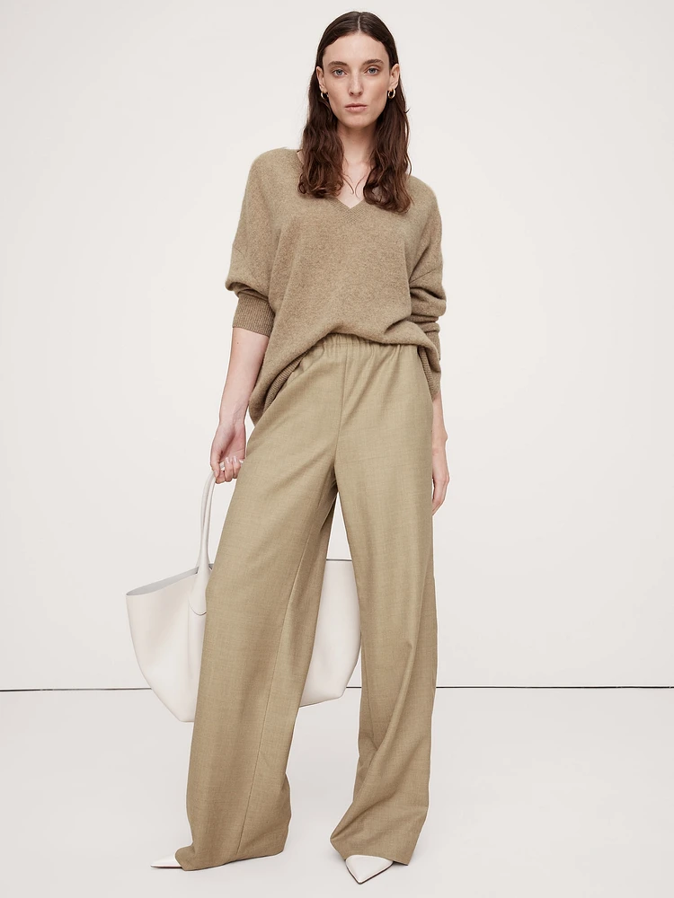 Pull-On Wide-Leg Lightweight Wool Flannel Pant