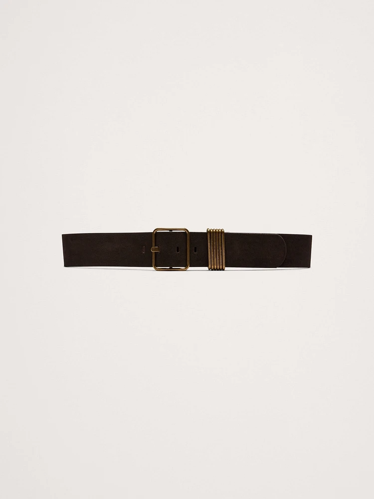 Leather Square-Buckle Waist Belt with 6 Bars