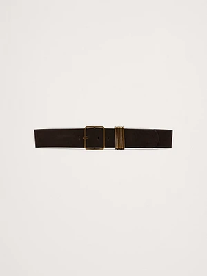 Leather Square-Buckle Waist Belt with 6 Bars