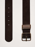 Leather Square-Buckle Waist Belt With 6 Bars