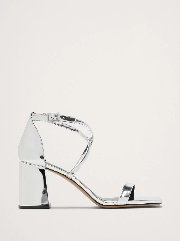 Italian Metallic-Leather Block-Heel Sandal