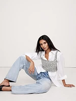 Embellished Satin Square-Neck Cropped Tank