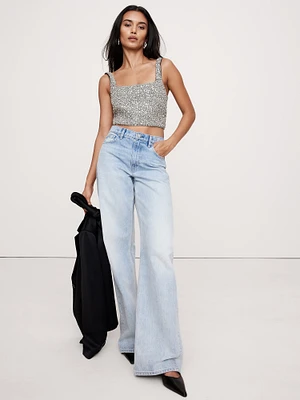 Embellished Satin Square-Neck Cropped Tank