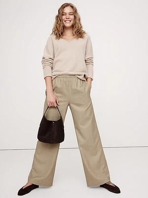 Pull-On Wide-Leg Drapey Twill Pant