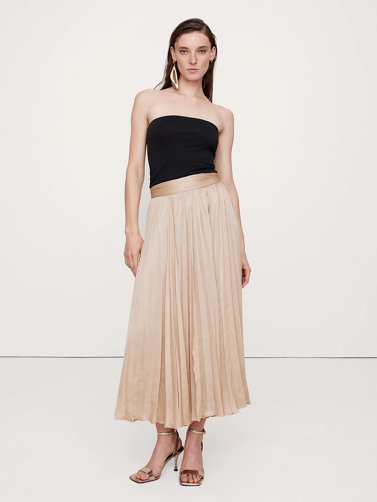 Crinkle Satin Pleated Midi Skirt