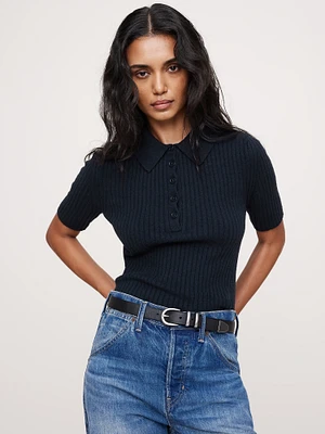 Ribbed Cropped Sweater Polo Shirt